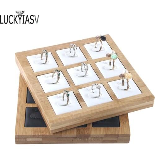 9 Buckle Bamboo Wood Rings Pendant Display PU Leatherette & Velvet Jewelry Display Stand Holder Jewelry Organizer Storage Tray