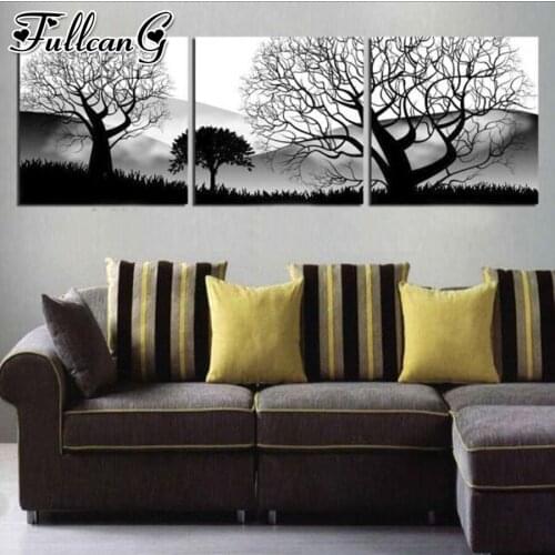 FULLCANG 5d diy diamond embroidery black white landscape triptych painting full square round drill mosaic pattern decor FC2032