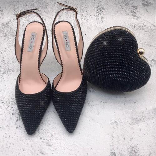 BS1276 Custom Made Slingbacks Women Bridal wedding Shoes Black Crystal Pointed toe Shoes with Matching Bags Set