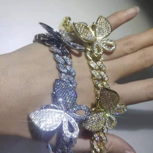 16"-24" AAA+ Cubic Zirconia Paved Bling Ice Out Butterfly Cuban Chain Chokers Necklaces for Men Women Hip Hop Rapper Jewelry