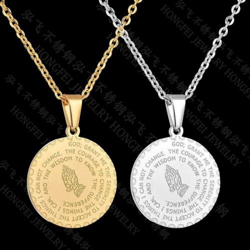 Lucky Round Coin Pendant Stainless Steel Bible Verse Prayer hand Men Women Necklace Gold Silver color Couple Link Chain Jewelry
