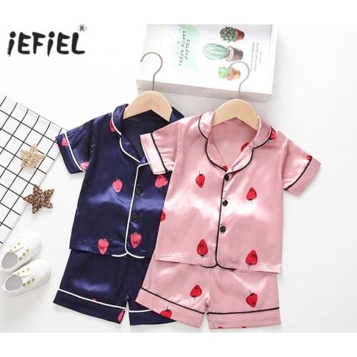 Baby Pajamas Sets Ice Silk Kids Pajama Boys Girls Cartoon Bear Print Short Sleeve Blouse Tops+Pants Home Wear Sleepwear Outfits