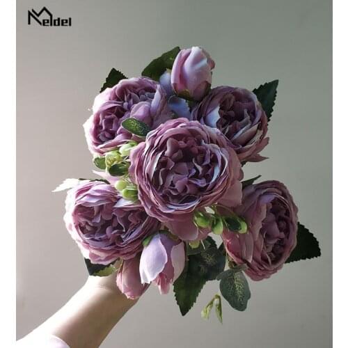 Meldel Fake Peony Bouquet Flower Artificial Silk 5 Heads Peony DIY Bride Bouquet Flower Arrangement Red Home Party Wedding Decor