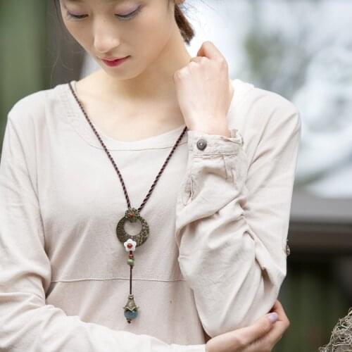 Fashion chinese wind jewelry ceramic necklace ,new vintage shell necklace antique brass accessories,handmade ethnic necklace