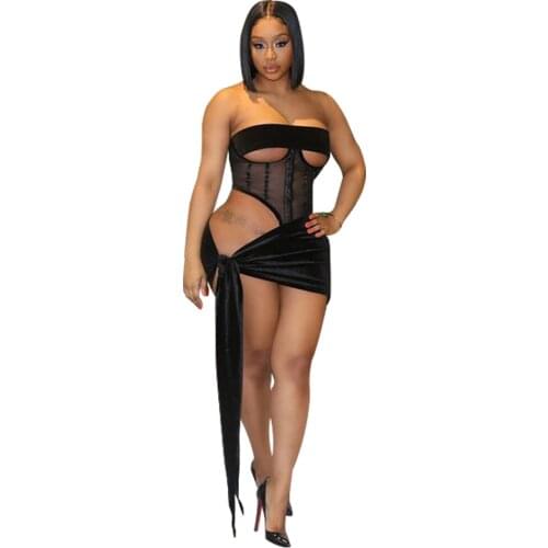 Sexy Strapless See Through Mesh Corset Top and Mini Bandage Skirt 2 Pieces Sets