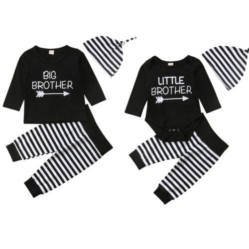 Big/Little Brother Matching Set Baby Boy Tops Letter Print Romper Striped Pants+Hat 3Pcs Toddler Outfits Clothes Set