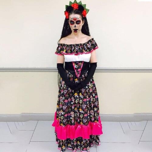 Day Of The Dead Dress Flower Rose Skull Halloween Spanish Corpse Costume Scary Outfit Women Bone Festival Outfit For Lady