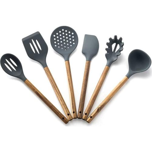 Kitchenware Silicone Kitchenware Cooking Spoon Spatula Colander Acacia Silicone Kitchenware Set with Wooden Handle set