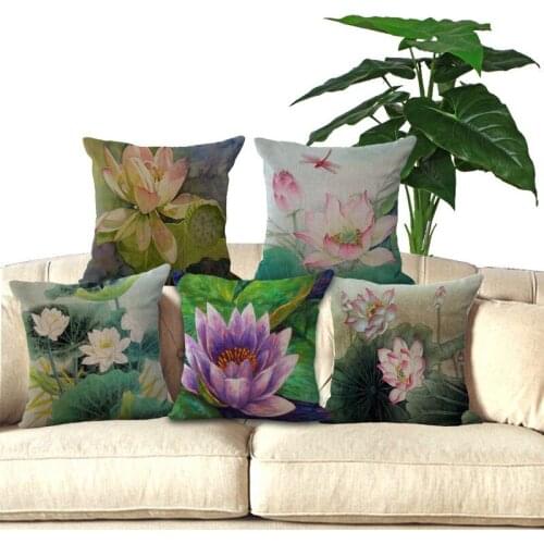 Square 18"Cotton Linen Lotus Flowers Decorative Sofa Throw Cushions Car Seat Pillows No Filing Home Decor P1003 Cushion Cover