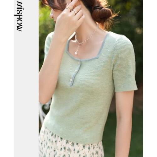 MISHOW Knitted T-shirt Womens Summer 2021 New Clothing Short Sleeve Square Neck Tops Solid Slim T-shirts Female Tees MXA23Z0005