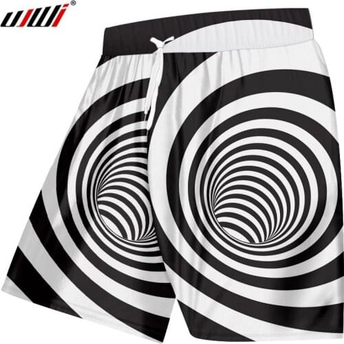 UJWI Mens New Trend Dizzy Stripes Beach Shorts 3D Printed Creative Black White Stitching Vortex Spandex Clothing