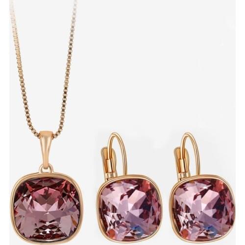 Women Jewerly Set with Austrian Crystal for Bridal Wedding Party Fashion Square Design Pendant and Hoop Earrings Set Bijoux Gift