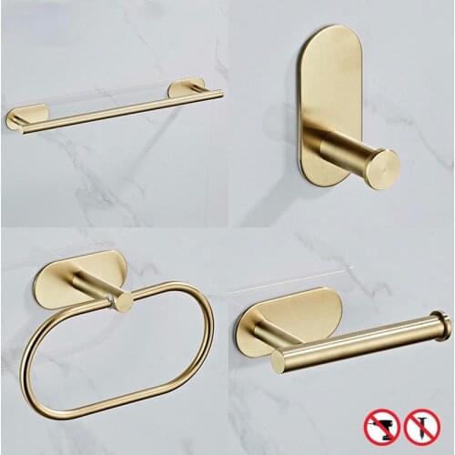 027 Gold Stainless Steel Bathroom Accessories Set No Punching Bathroom Hardware Set Towel Rack Paper Rack Bathroom Accessories