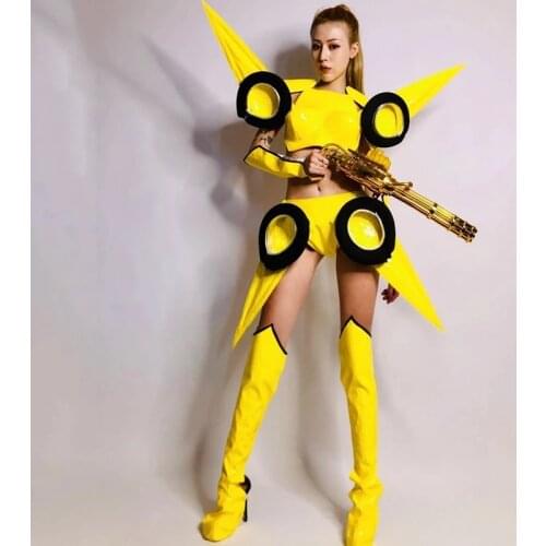 Nightclub Bar Dj Ds Stage Costumes Women Cosplay Party Clothes Sexy Yellow Female Warrior Suit Rave Performance Wear