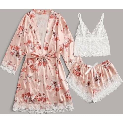 Sexy Women Pajama Set Satin Silk 3PCS Robe Sets Floral Lace Nightdress Lingerie Nightgown Underwear Pyjama Sleepwear Set