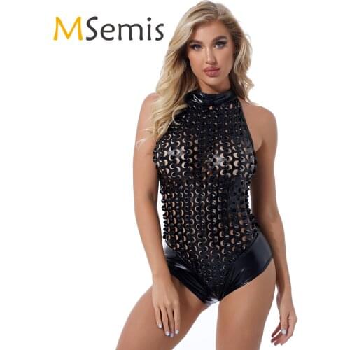 Sexy Womens Clubwear Patent Leather Shiny Hollow Out Bodysuit Zipper Back Sleeveless Catsuit Mock Neck Leotard for Stage Show