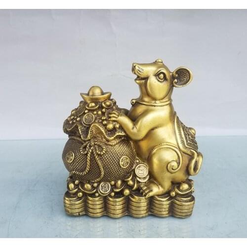 Home Decor 5" Chinese Seikos Bronze Zodiac Rat Statue Mouse holding cornucopia Lucky fortune Get promoted