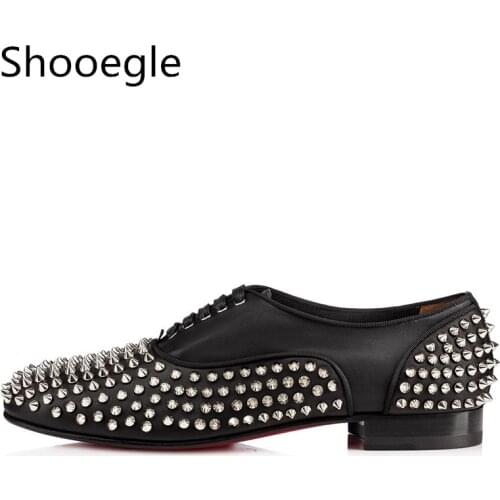 Spring Spikes Stud Low Top Leather Men Casual Shoes Rivets Lace Up Round Toe Flats Party Prom Wedding Male Dress Shoes