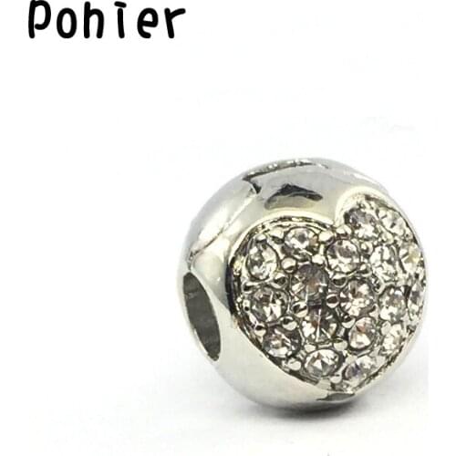 Heart With Clear Crystal Clips Stopped Safty Charms European Beads Fit Charms Bracelets&Bangle For Women Jewelry