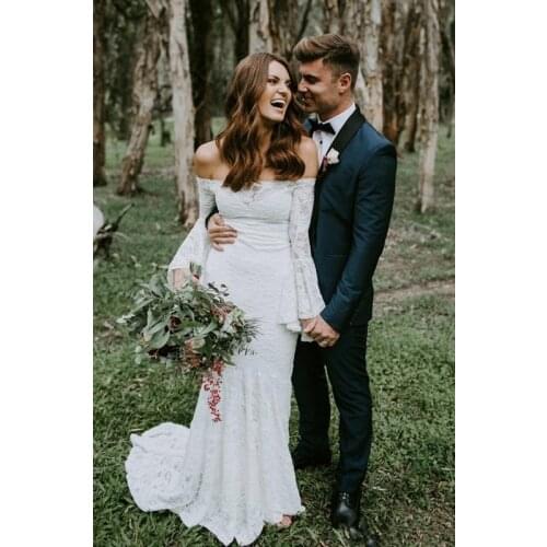 Vintage Full Lace Mermaid Wedding Dresses boat Neck Long Sleeve Backless Sweep Train Country Bridal Gowns Vestidos De Noiva