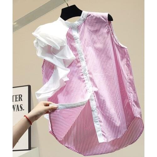 Womens Striped Sleeveless Shirt Womens Reffles Stand Collar Blouse Stripe Blouses and Tops Lady Top Blusas Mujer De Moda 2020