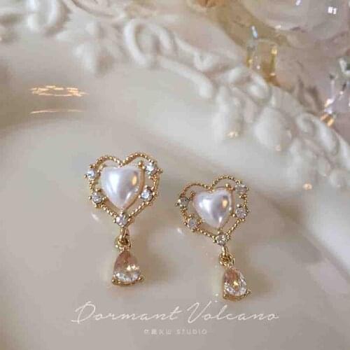 2021 Korean Fashion Jewelry New Gold Plated Crystal Zircon Pearl Heart Earrings Brincos Piercing Long Stud Earrings For Women