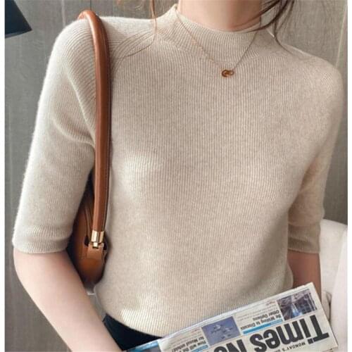 2021 Korean Fashion Cashmere Sweater Women Jumper Womens Cashmere Turtleneck Short Sleeve Knitted Pullover Tee Wool Tops