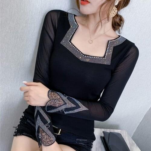 #5718 Black Sexy T Shirt Women Split Joint Casual Slim Square Collar Diamonds Basic T Shirt For Girl Streetwear T Shirts Cotton