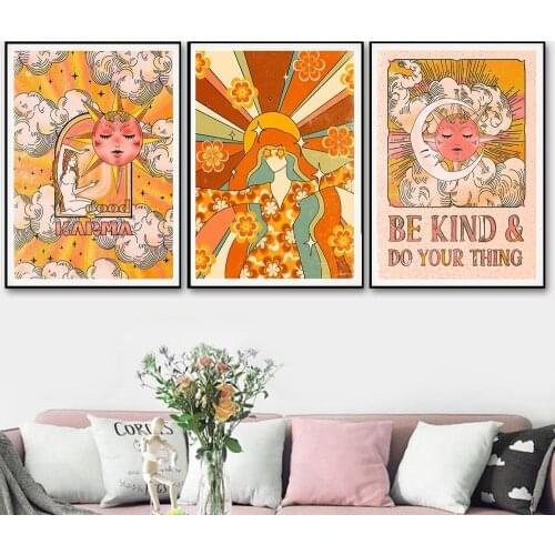 70s Vintage Floral Posters and Prints Sun Moon Psychedelic Art Canvas Painting Abstract Wall Pictures for Living Room Home Decor