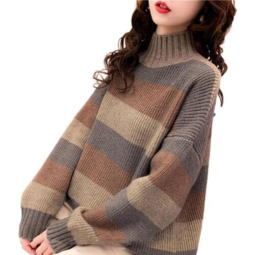 Women Jumpers Long Sleeve Mock Neck Color Block Sweater Autumn Winter Knitwear Jumper