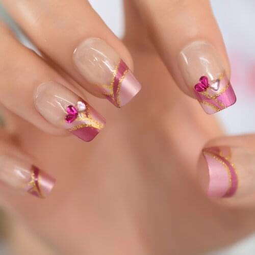 Heart False Diamond Rhinestone Pink Simple Design With Glitter Full Cover Nails Supplies For Professionals Fake Nails Tip EchiQ