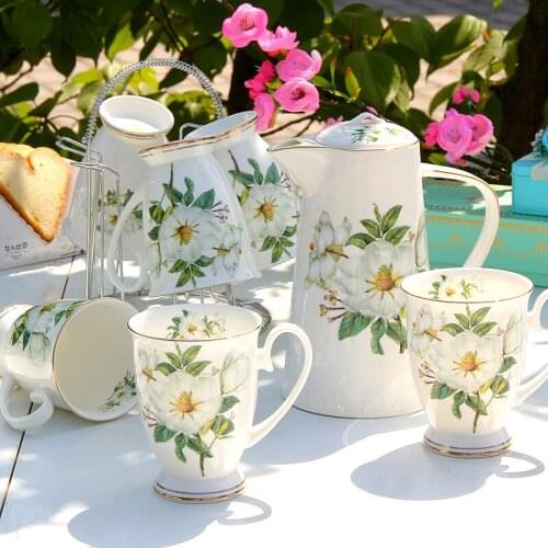 Household water ware set ceramic mug with metal rack gift Pork Bone China cold water pot coffee cups set