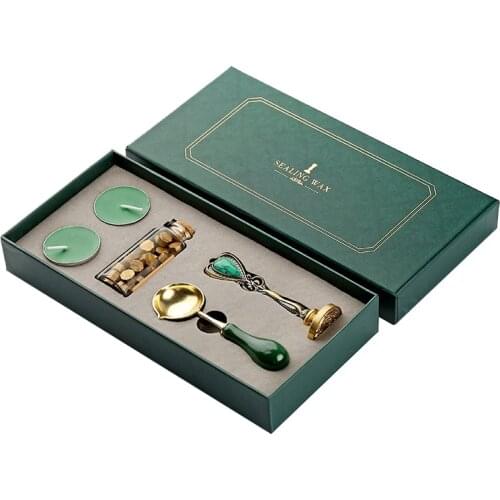 Custom Stamps Wax Seal Green Box Kit Detachable Stamp Spoon Set Sealing Beads Envelope Journal Wedding Packaging Gifts Postcard