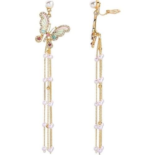 925 Silver Pin Diamond Set Butterfly Long Pearl Tassel Stylish Elegant Ear Pendant Drop Earrings Jewelry Earrings for Women Gift