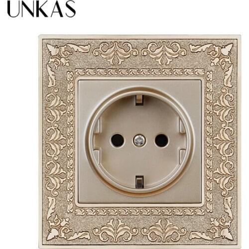 UNKAS 16A EU Standard AC 110~250V Gold Power Socket 4D Embossing Retro Zinc Alloy Panel Wall Power Socket