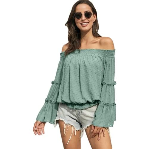 Autumn Womens Big Trumpet Long Sleeve Shirts Stitching Chiffon Sexy Off Shoulder One Line Collar Hollow Out 2021 New Loose Top