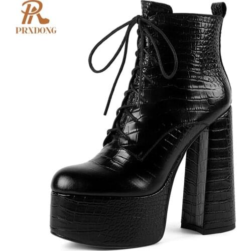 Autumn Winter Womens Ankle Boots Lace Up Zipper Super High Heels Thick Platform Ladies Motorcycle Punk Gothic Shoes Plus Size