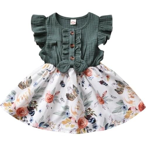 Citgeett Summer 1-5Years Baby Girls Dress Bowknot Flowers Print Ruffles Sleeve Knee Patchwork Length A-Line Dress