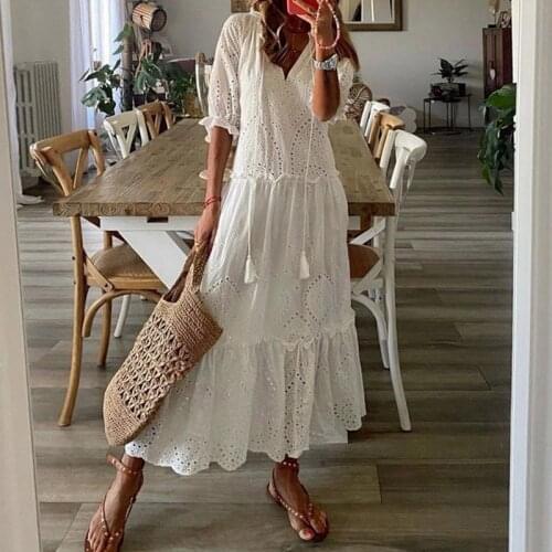 Summer Fashion Off Shoulder Lace Beach Dress Women Hollow Out Short Sleeve Party Maxi Dress Casual Floral Print Boho Long Dress