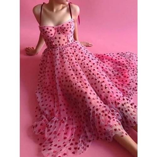 Women Pink Heart Spaghetti Strap Dress Sleeveless Dress Summer Ball Gown Dresses Female Sundress