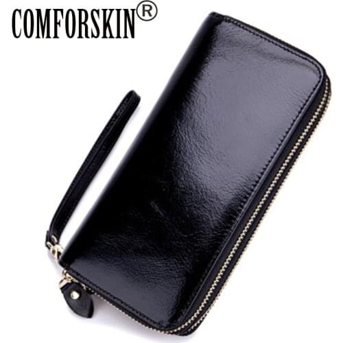 COMFORSKIN 2020 Luxurious 100% Brand Genuine Oil Wax Leather Double Zipper Womens Purse Large Capacity Wallets Carteras Mujer