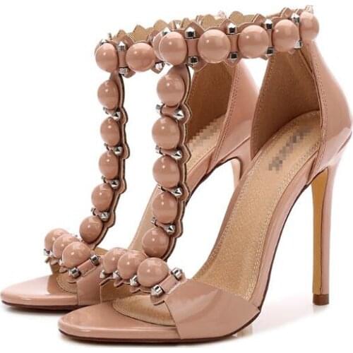 Fashion hot sale summer sandals rivets sweet balls nightclubs T strap high heel sandal nude Champagne gold gladiator sandals