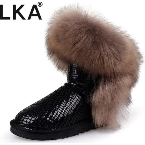 Top Fashion Womens Natural Fox Fur Snow Boots 100% Genuine Cow Leather Winter Boots Female Winter Shoes Women Boots