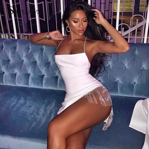 Sexy Slash Neck Side Split Glitter Dress Fashion Women Diamond Tassel Patchwoek Halter Strapless Tight Club Party Dress Vestido