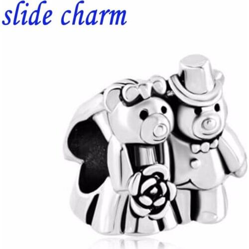 Slide charm Free shipping Childrens birthday gift wedding gift couple Bear charm beads fit Pandora charm bracelets