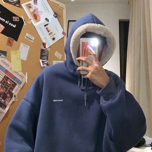 Autumn Winter Sweatshirts Mens Loose Plus Velvet Warm Stitching Lamb Wool Tops Cotton Casual Pullover Mens Clothes