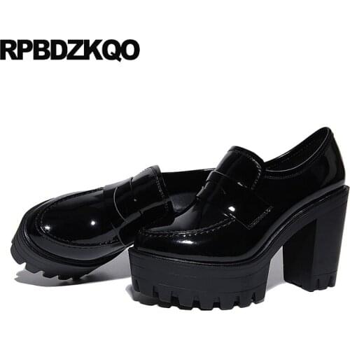 Super black thick handmade genuine leather shoes women platform footwear extreme block patent round toe fur high heels pumps