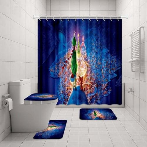Bathroom Waterproof Shower Curtain Carpet Cover Toilet Cover Bath Mat 4 Piece 3D Print The Christmas Green Head Bathroom Decor