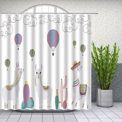Cartoon Animal Shower Curtains Cute Alpaca Cactus Hot Air Balloon Kids Bathroom Decor Home Bath Waterproof Polyester Curtain Set