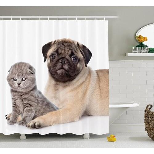 Pug Shower Curtain Cute Young Pets Kitten and Puppy Pug Scottish Fold Animal Fun Photography Print Home Decor Bathroom Curtains